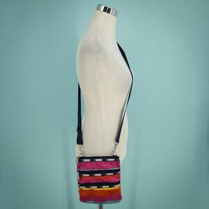 Le Sportsac Rainbow Stripe Three Zip Fabric Crossbody Shoulder Strap Bag Handbag